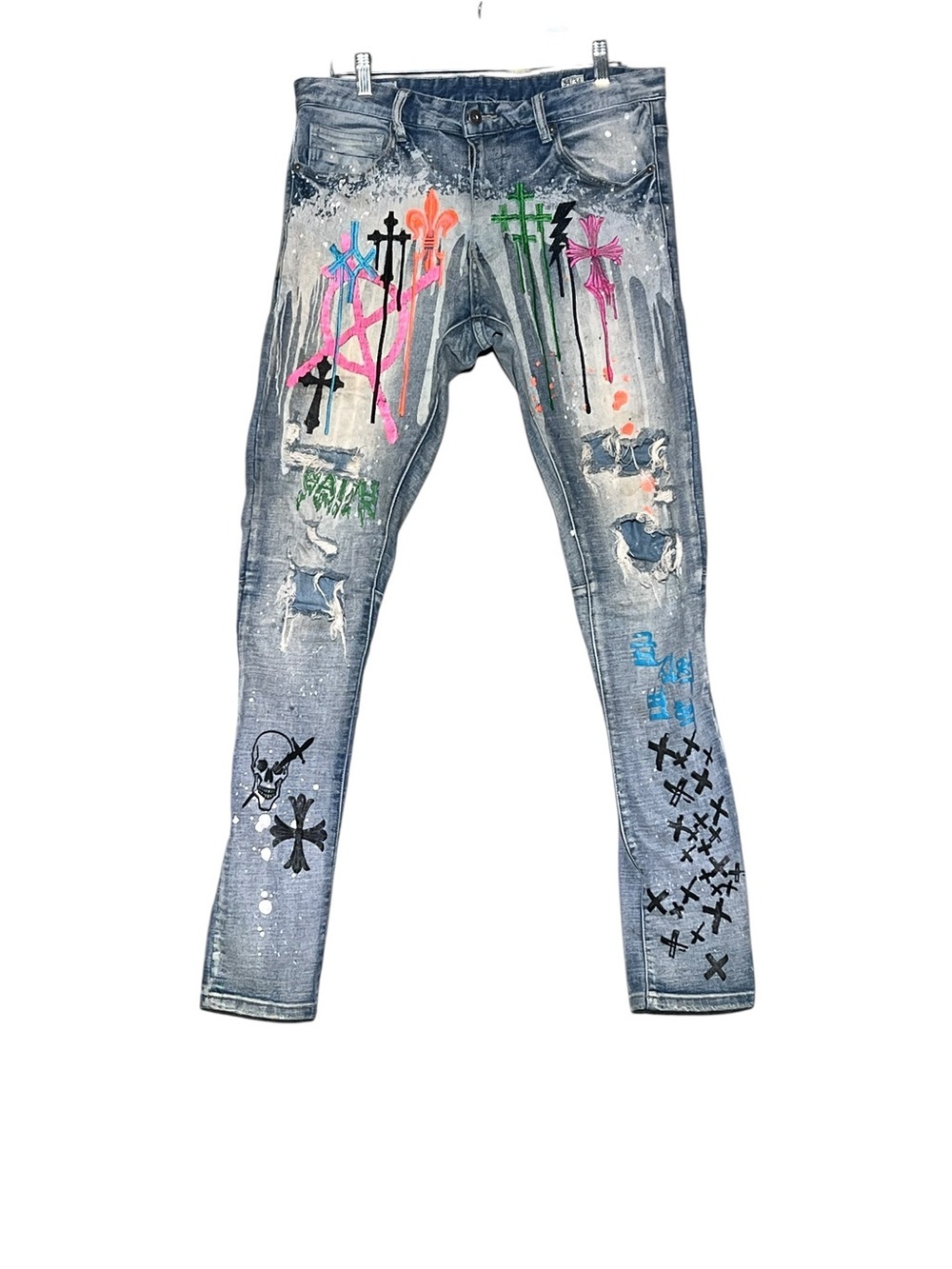 SMOKE RISE Men’s Jeans Blue Embroidered Paint Splatter Distressed 34x34 FLAWS